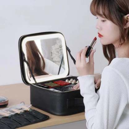 Makeup Bag with Lighted Mirror, Travel Make up Train Case with Adjustable LED