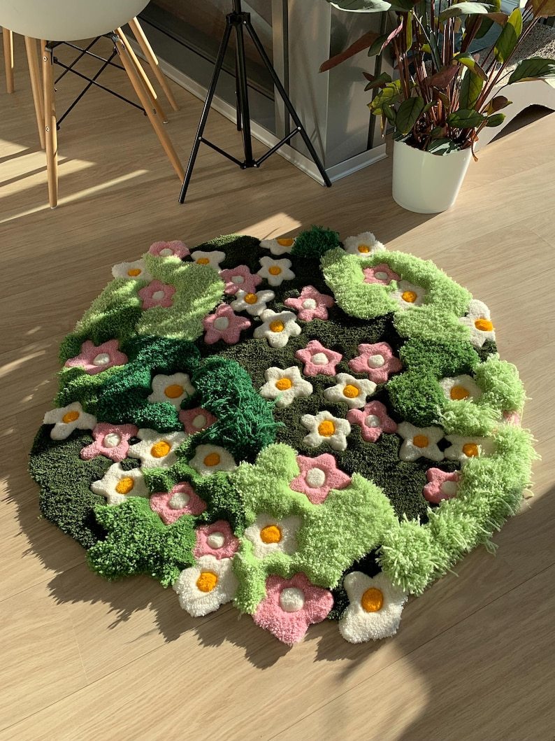 3D Tufted Area rug, Flowers fluffy rug, Moss rug, Handmade Carpet For living room,home decor