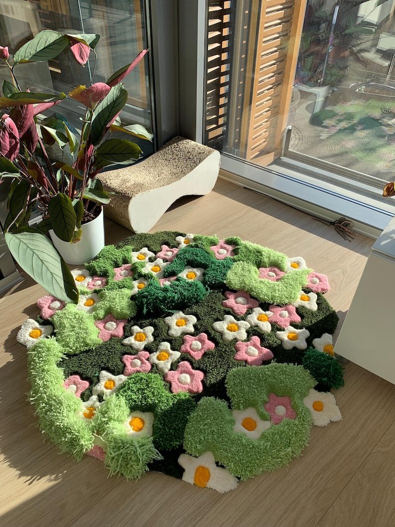 3D Tufted Area rug, Flowers fluffy rug, Moss rug, Handmade Carpet For living room,home decor