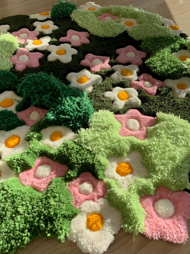 3D Tufted Area rug, Flowers fluffy rug, Moss rug, Handmade Carpet For living room,home decor