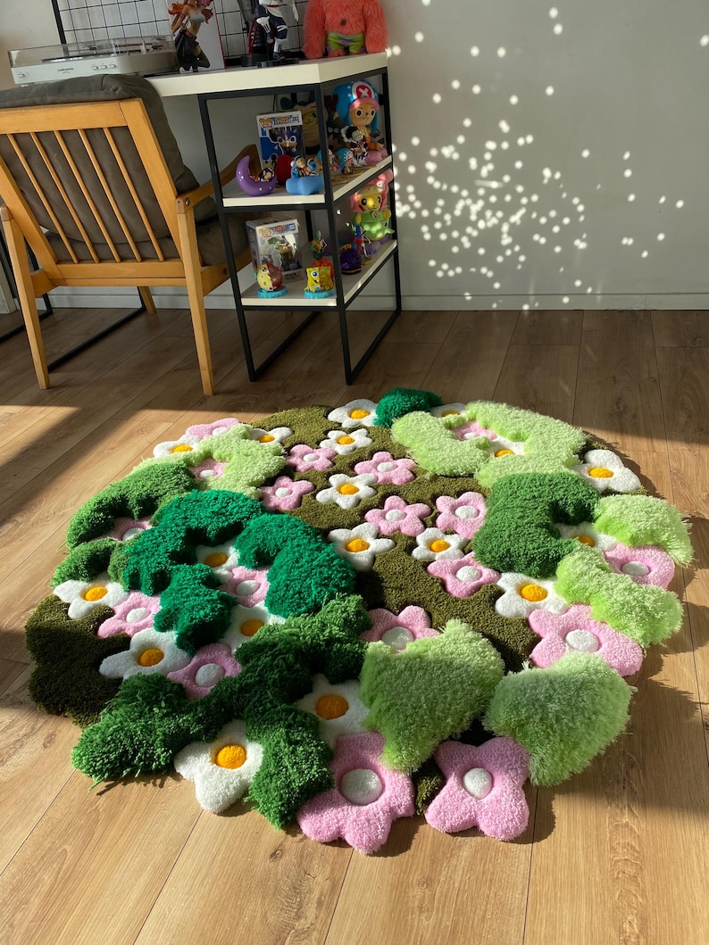 3D Tufted Area rug, Flowers fluffy rug, Moss rug, Handmade Carpet For living room,home decor