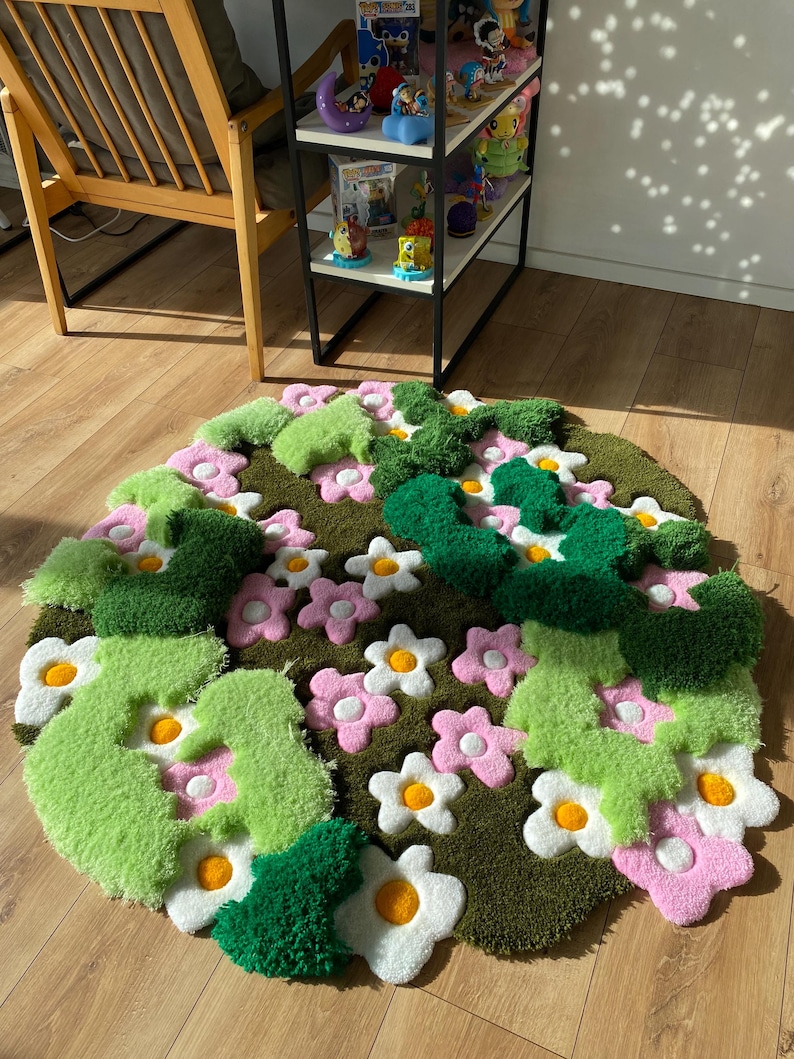 3D Tufted Area rug, Flowers fluffy rug, Moss rug, Handmade Carpet For living room,home decor
