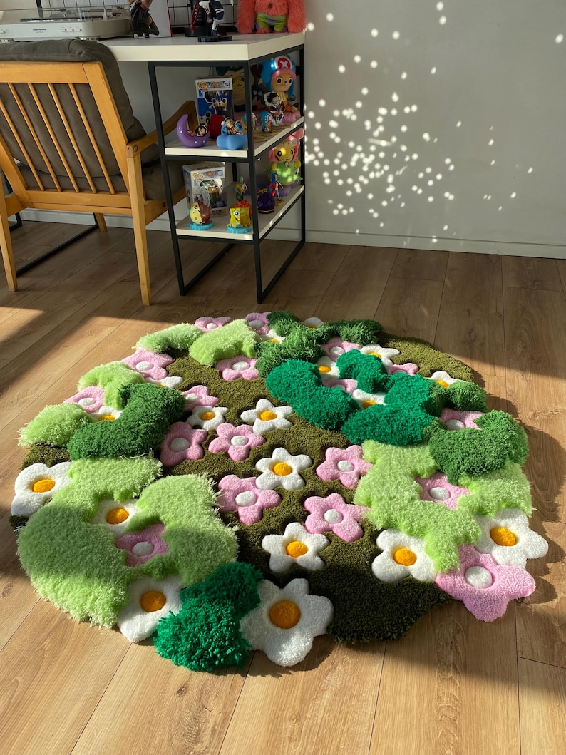 3D Tufted Area rug, Flowers fluffy rug, Moss rug, Handmade Carpet For living room,home decor