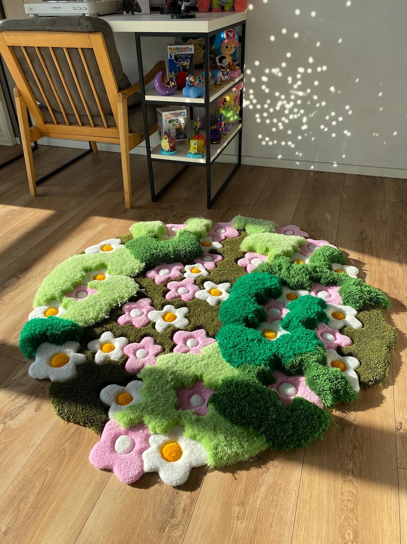 3D Tufted Area rug, Flowers fluffy rug, Moss rug, Handmade Carpet For living room,home decor
