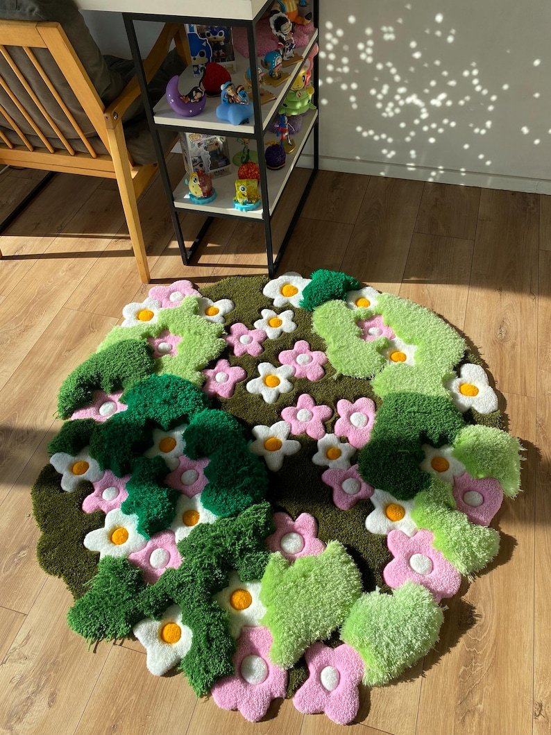 3D Tufted Area rug, Flowers fluffy rug, Moss rug, Handmade Carpet For living room,home decor