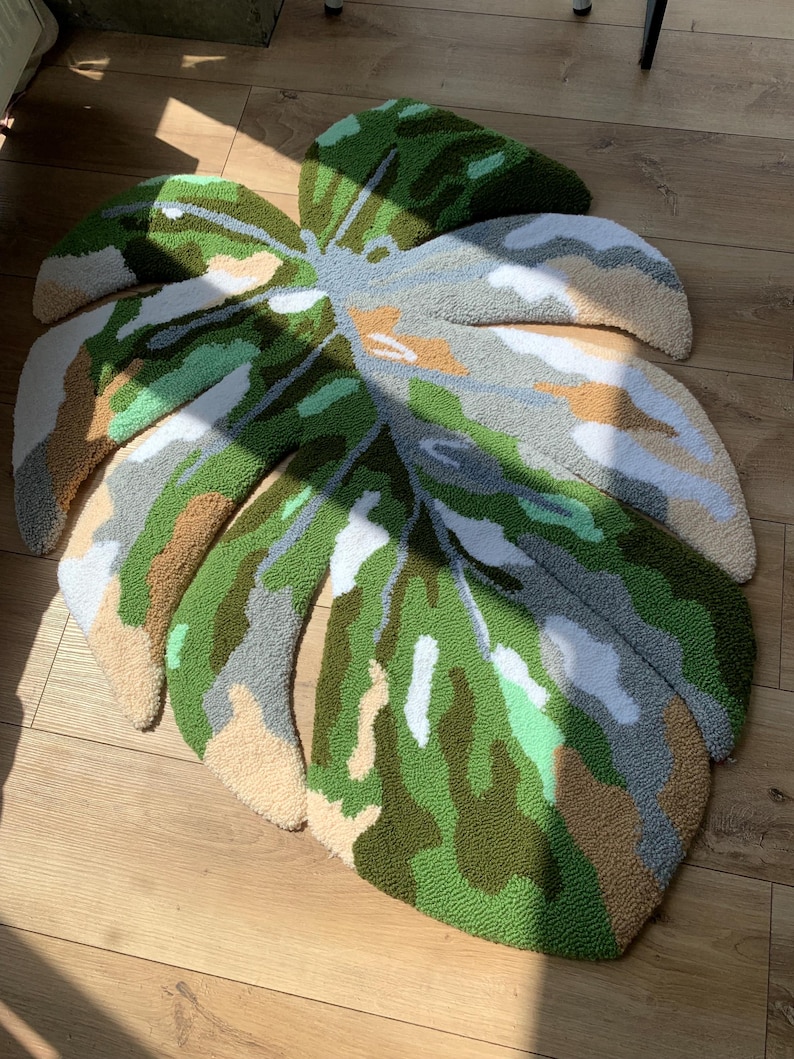 Monstera tufted rug custom design carpet area rug 3d fluffy leaf gift