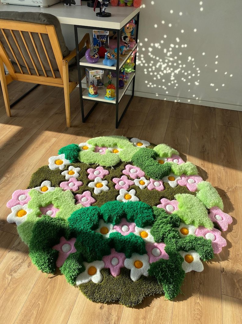 3D Tufted Area rug, Flowers fluffy rug, Moss rug, Handmade Carpet For living room,home decor