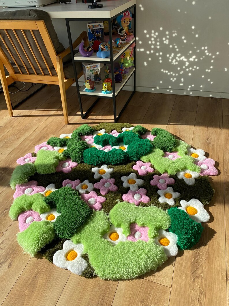 3D Tufted Area rug, Flowers fluffy rug, Moss rug, Handmade Carpet For living room,home decor