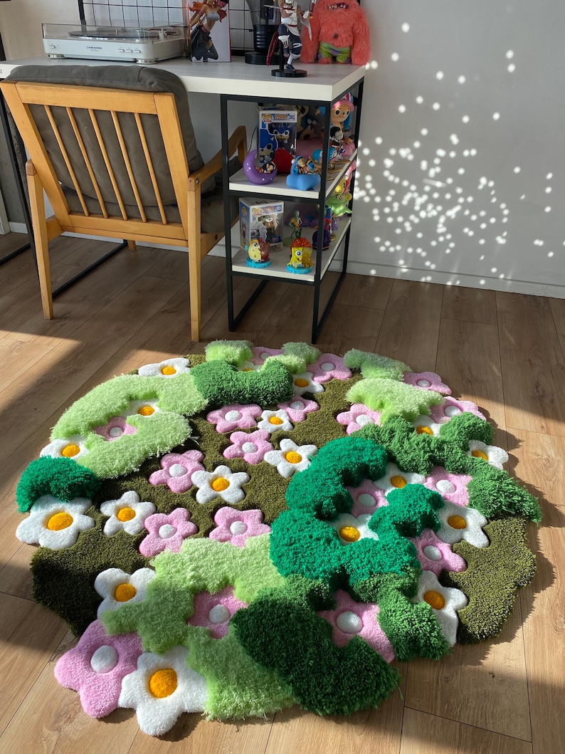 3D Tufted Area rug, Flowers fluffy rug, Moss rug, Handmade Carpet For living room,home decor