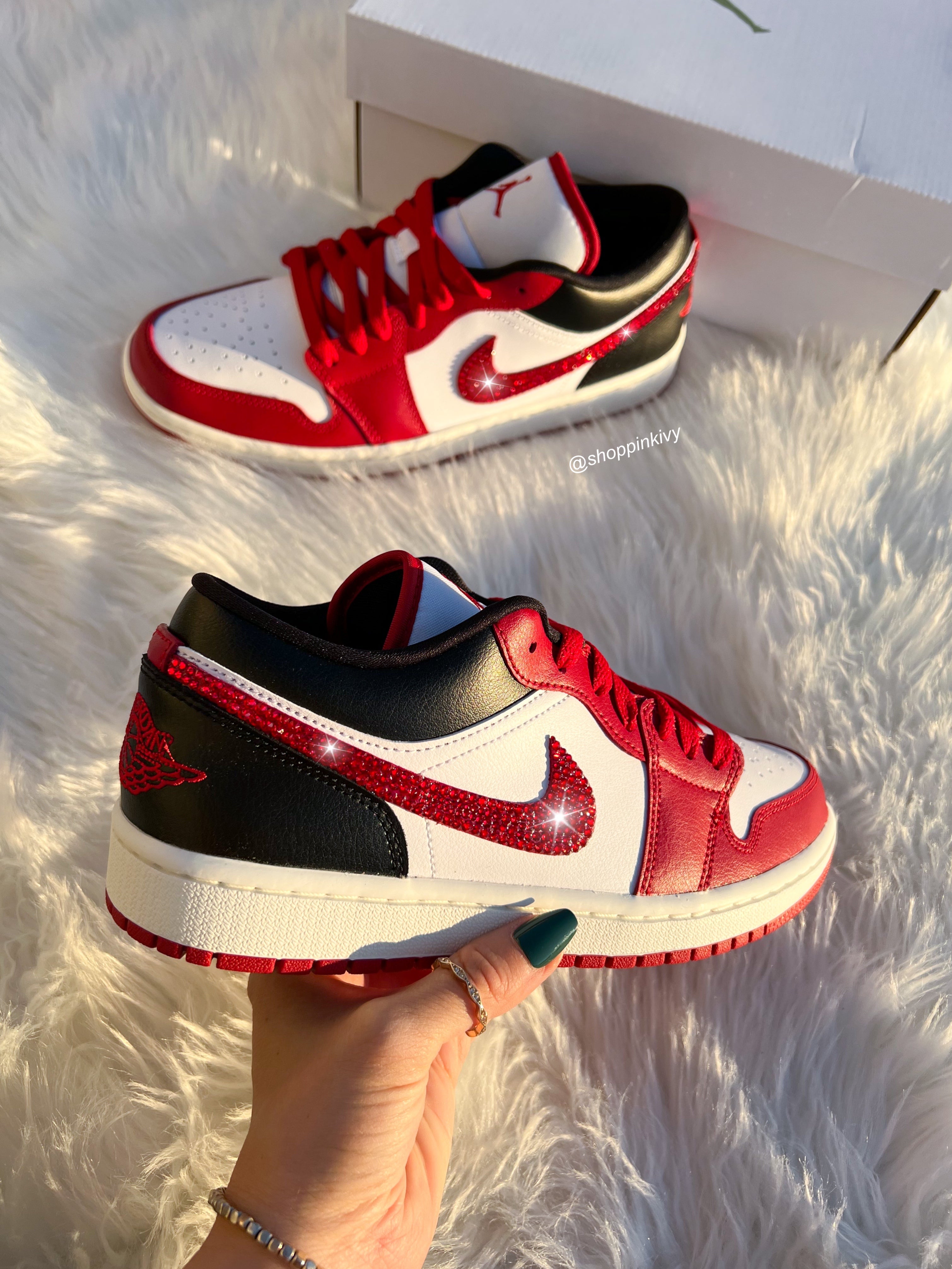 Red Swarovski Women’s Air Jordan Retro 1 Low Shoes Americana