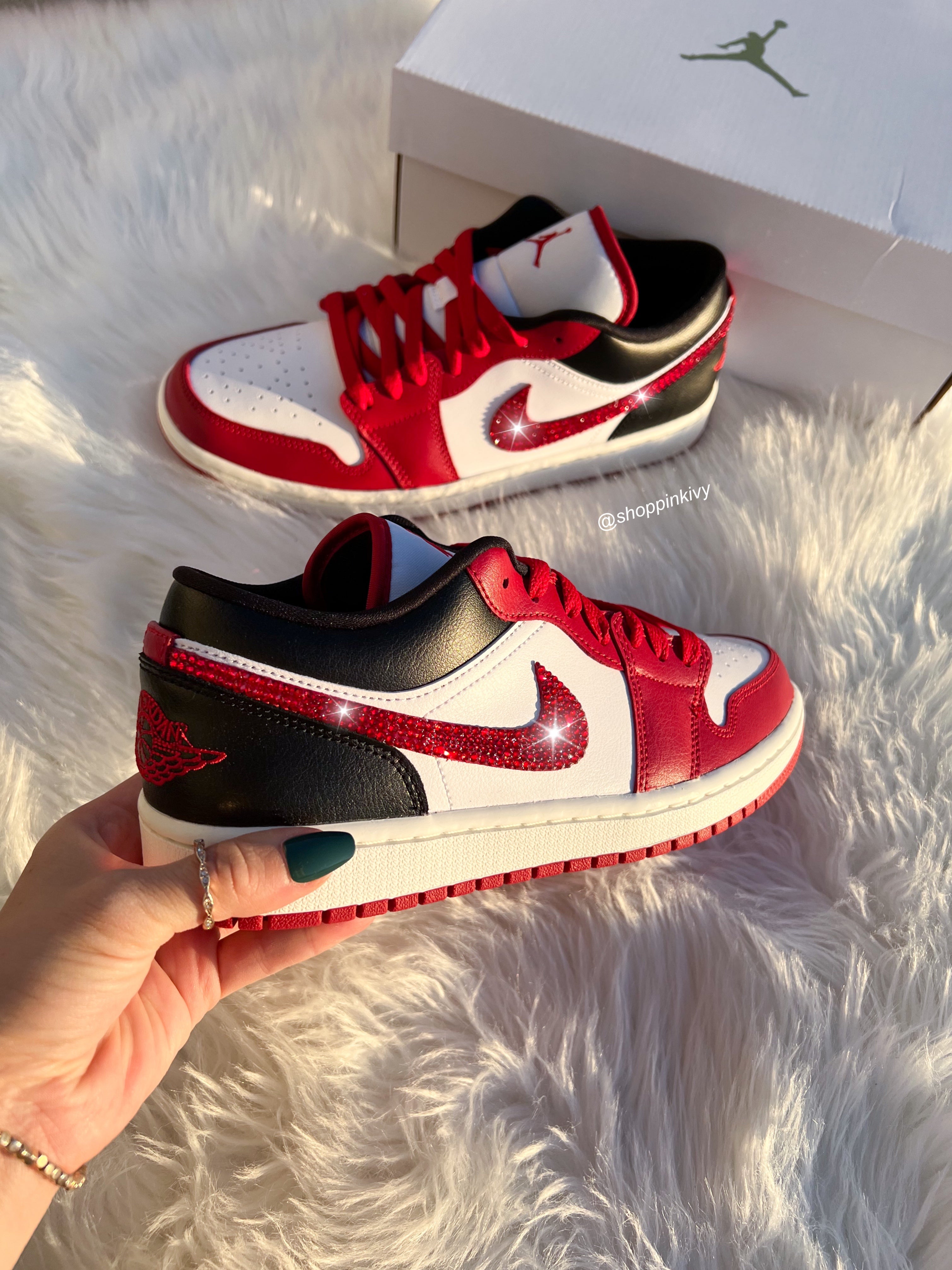 Red Swarovski Women’s Air Jordan Retro 1 Low Shoes Americana