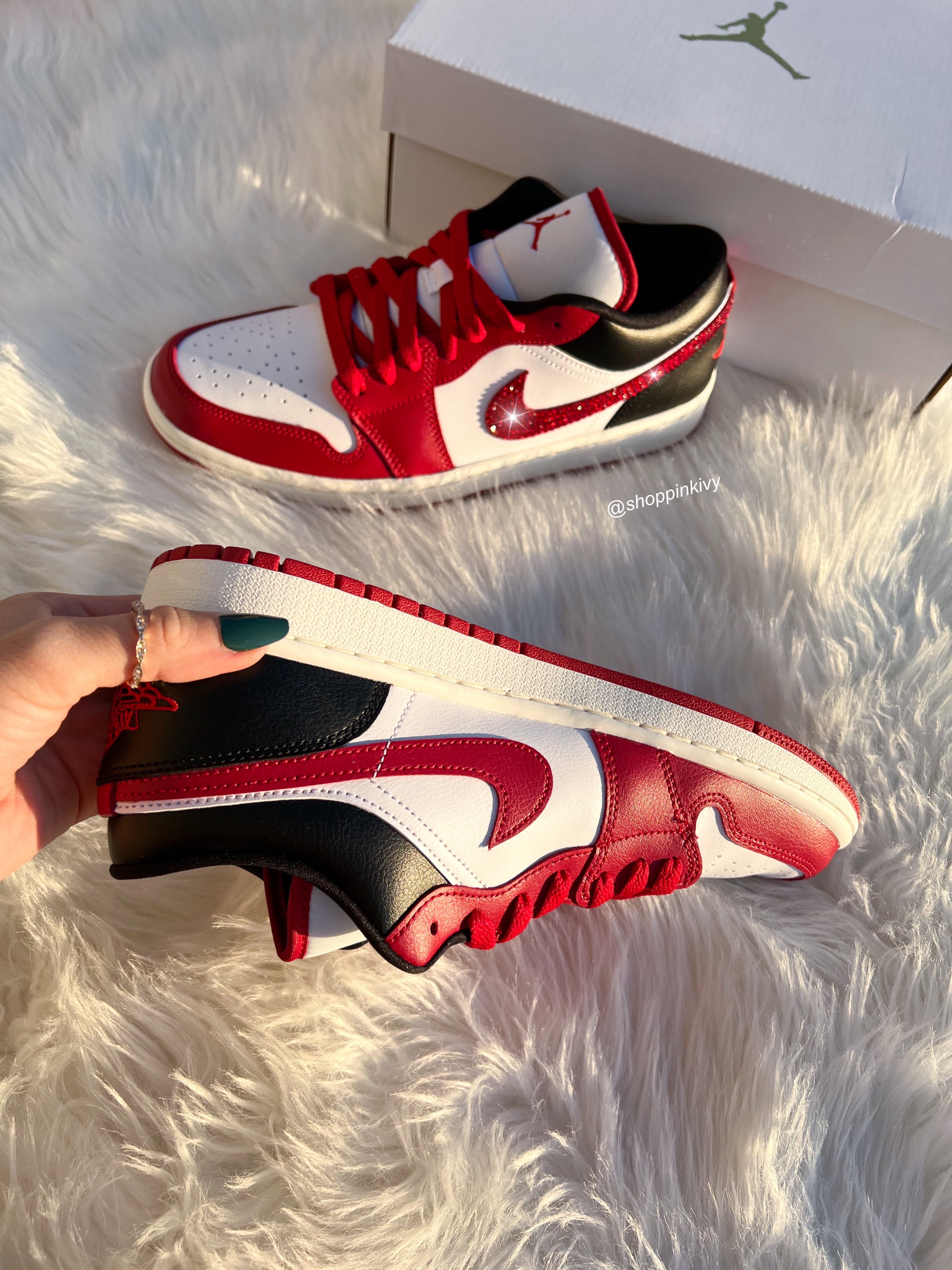 Red Swarovski Women’s Air Jordan Retro 1 Low Shoes Americana