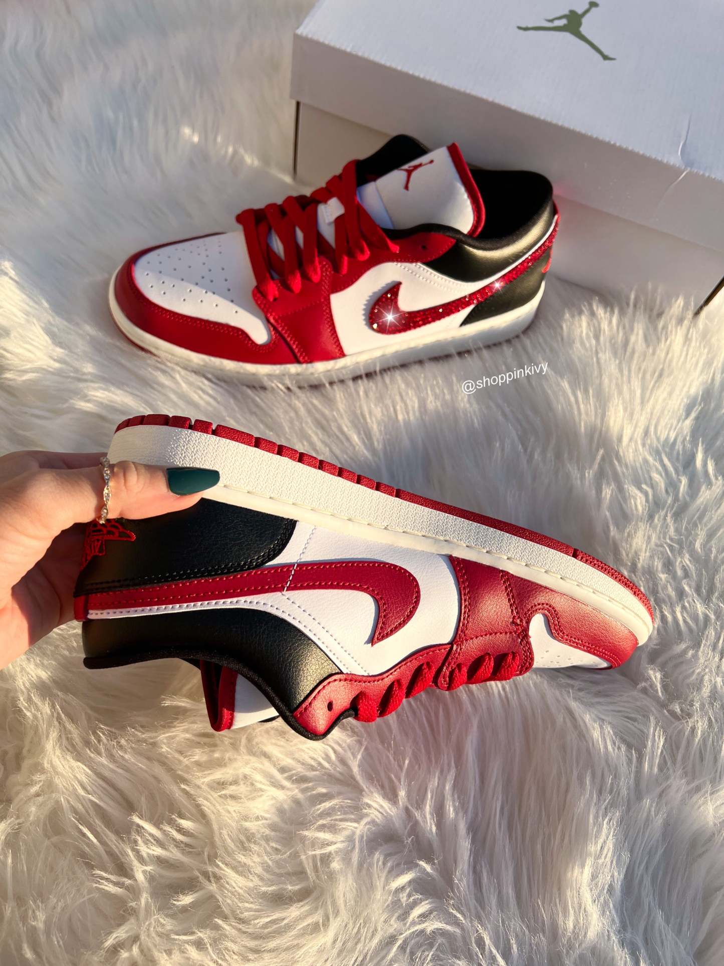 Red Swarovski Women’s Air Jordan Retro 1 Low Shoes Americana