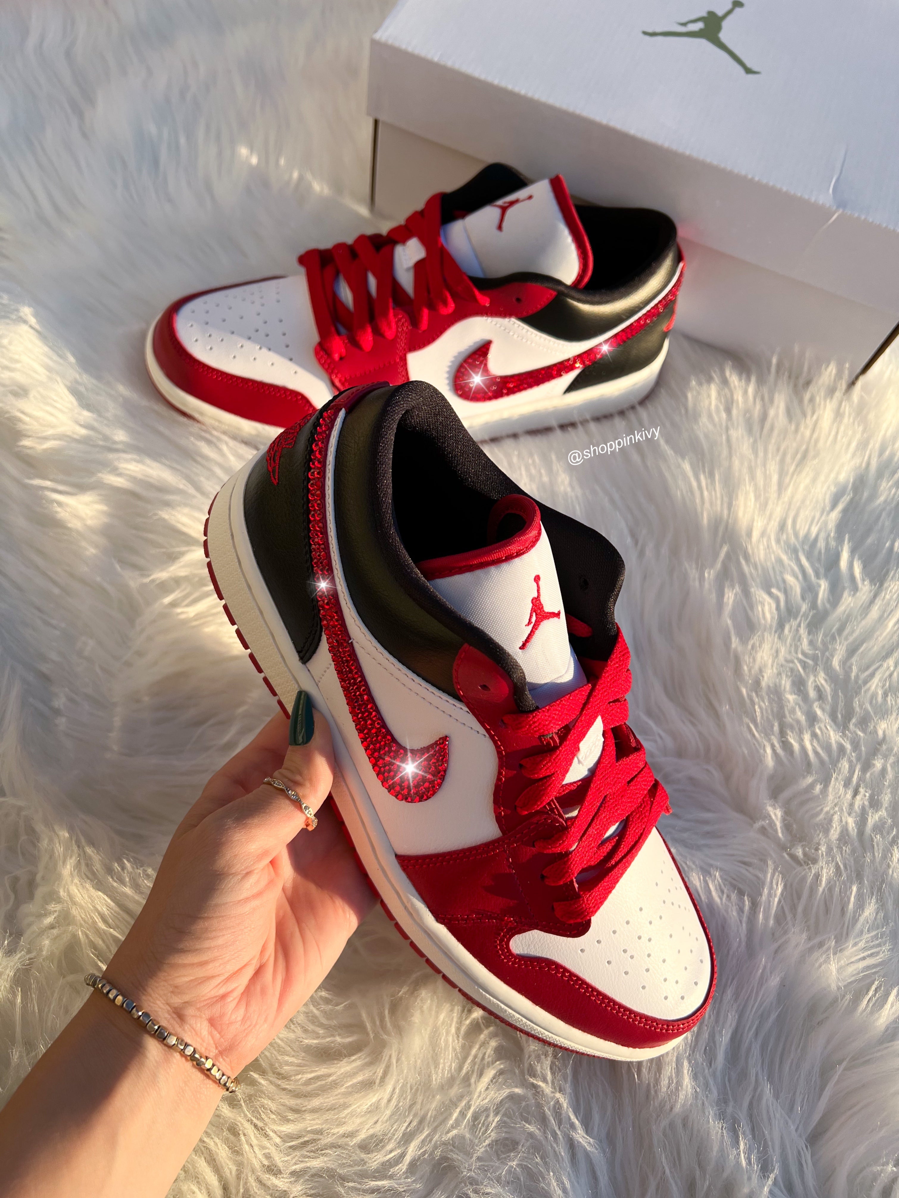 Red Swarovski Women’s Air Jordan Retro 1 Low Shoes Americana