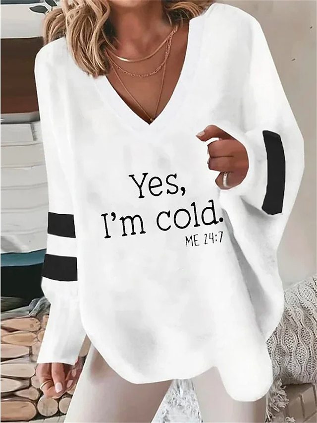 Women's T shirt Tee White Letter Print Long Sleeve Casual Basic V Neck