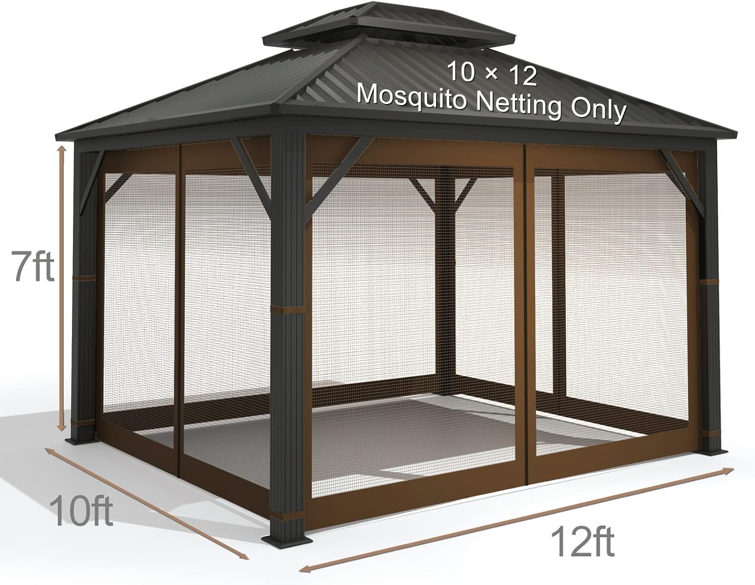 Gazebo Universal Replacement Mosquito Netting – Hugline 10' x 12' Outdoor Mesh Netting Screen 4-Panel Sidewall Curtain with Zipper (Brown)