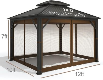 Gazebo Universal Replacement Mosquito Netting – Hugline 10' x 12' Outdoor Mesh Netting Screen 4-Panel Sidewall Curtain with Zipper (Brown)