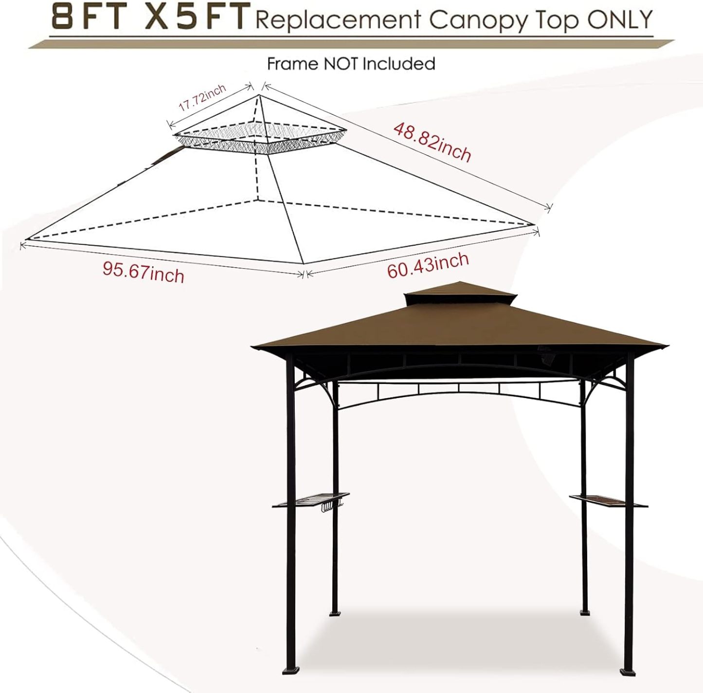 Grill Gazebo Replacement Canopy Roof – Hugline 5x8 Outdoor Grill Shelter Canopy Top Double Tiered BBQ Tent Cover Fit for Model L-GG001PST-F (Brown)