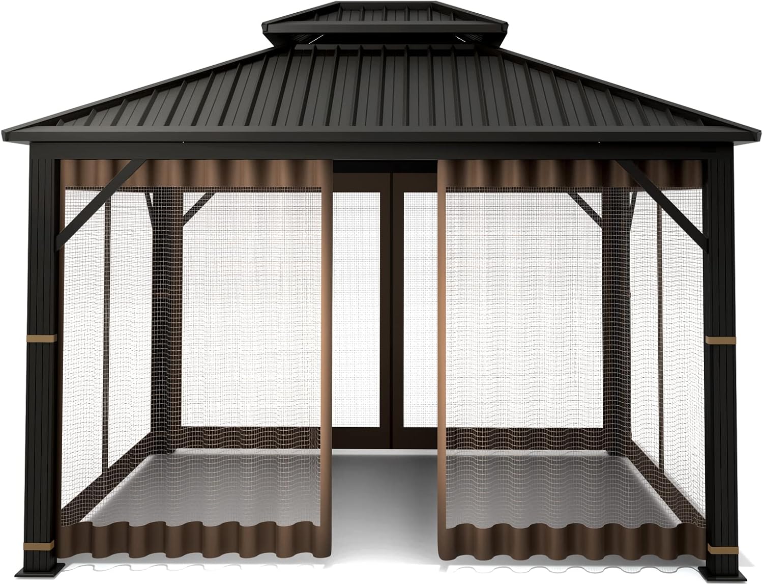 Gazebo Universal Replacement Mosquito Netting – Hugline 10' x 12' Outdoor Mesh Netting Screen 4-Panel Sidewall Curtain with Zipper (Brown)