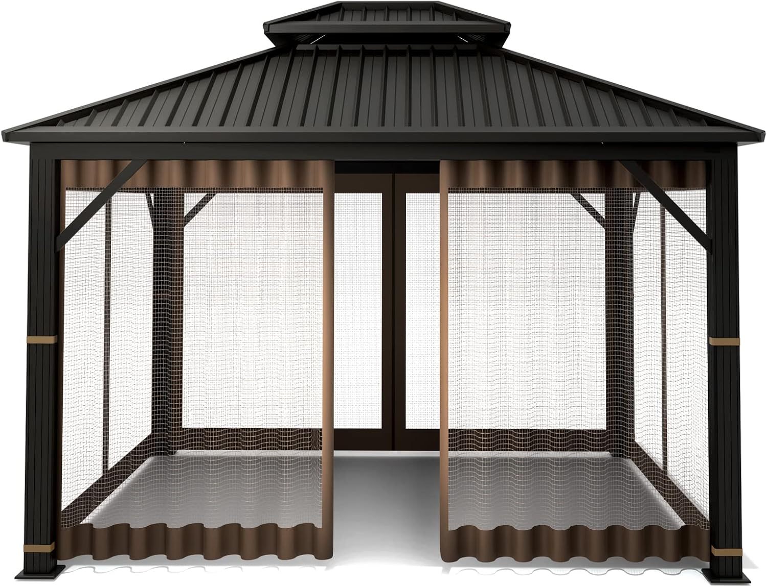 Gazebo Universal Replacement Mosquito Netting – Hugline 10' x 12' Outdoor Mesh Netting Screen 4-Panel Sidewall Curtain with Zipper (Brown)