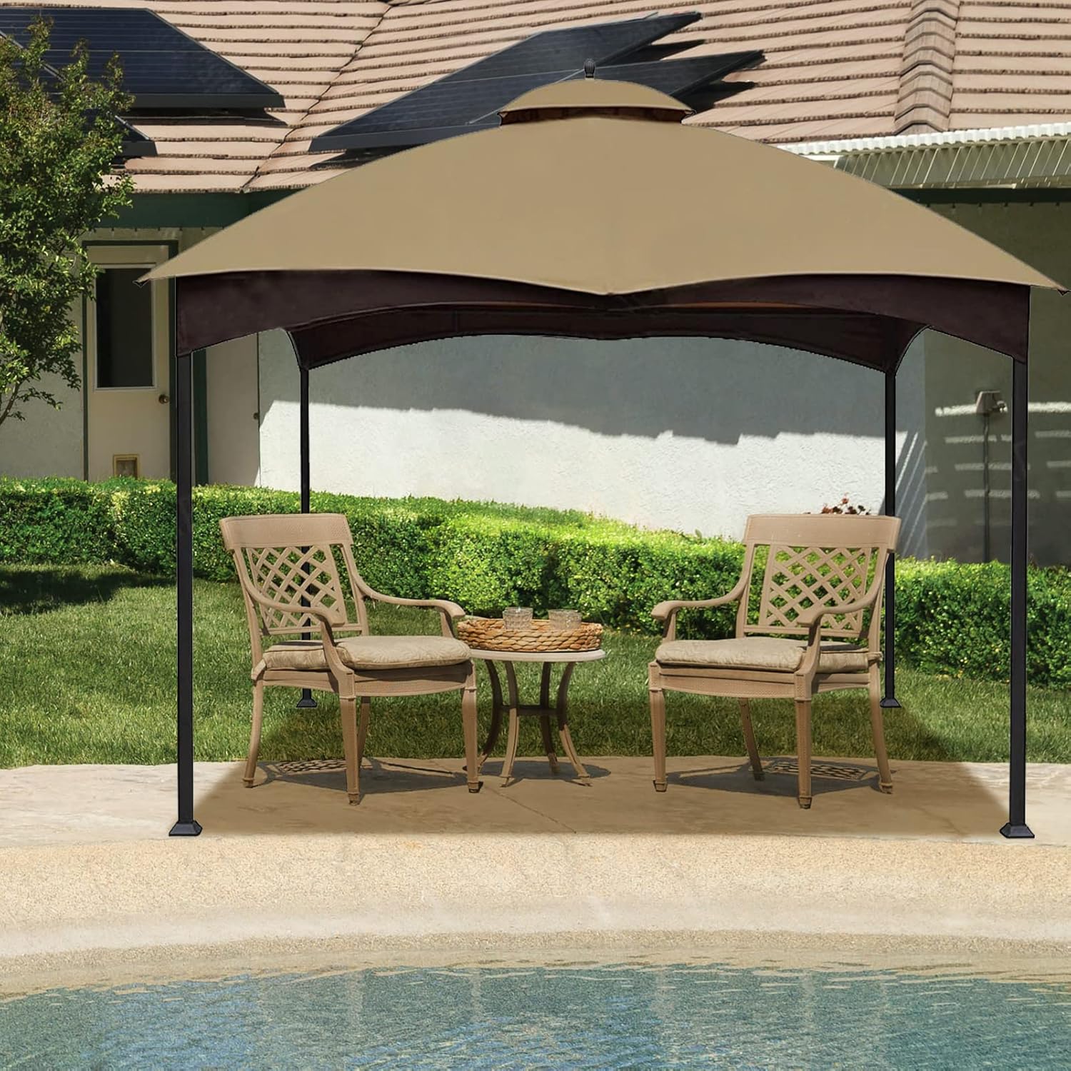 Hugline Outdoor Replacement Canopy Top Double Tier Gazebo Roof Cover for Lowe's Allen Roth 10x12 Gazebo#GF-12S004B-1 (Khaki)
