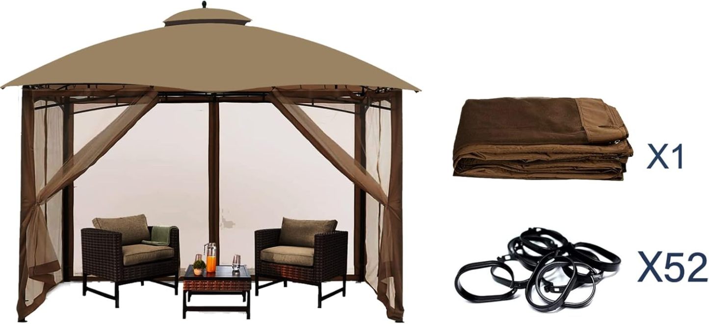 Gazebo Universal Replacement Mosquito Netting – Hugline 10' x 12' Outdoor Mesh Netting Screen 4-Panel Sidewall Curtain with Zipper (Brown)