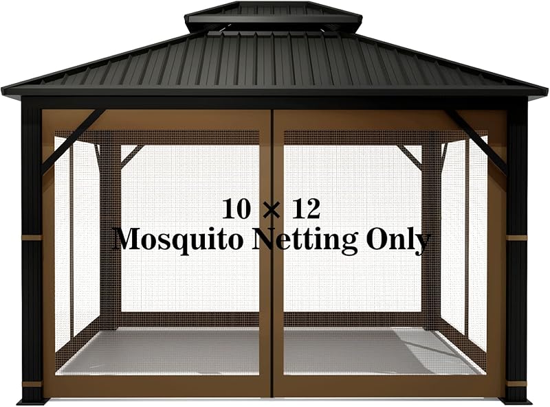 Gazebo Universal Replacement Mosquito Netting – Hugline 10' x 12' Outdoor Mesh Netting Screen 4-Panel Sidewall Curtain with Zipper (Brown)