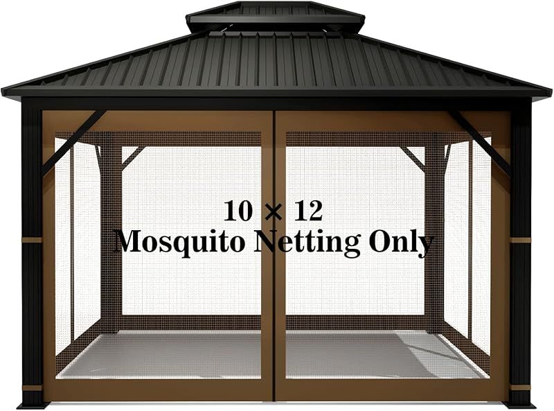 Gazebo Universal Replacement Mosquito Netting – Hugline 10' x 12' Outdoor Mesh Netting Screen 4-Panel Sidewall Curtain with Zipper (Brown)