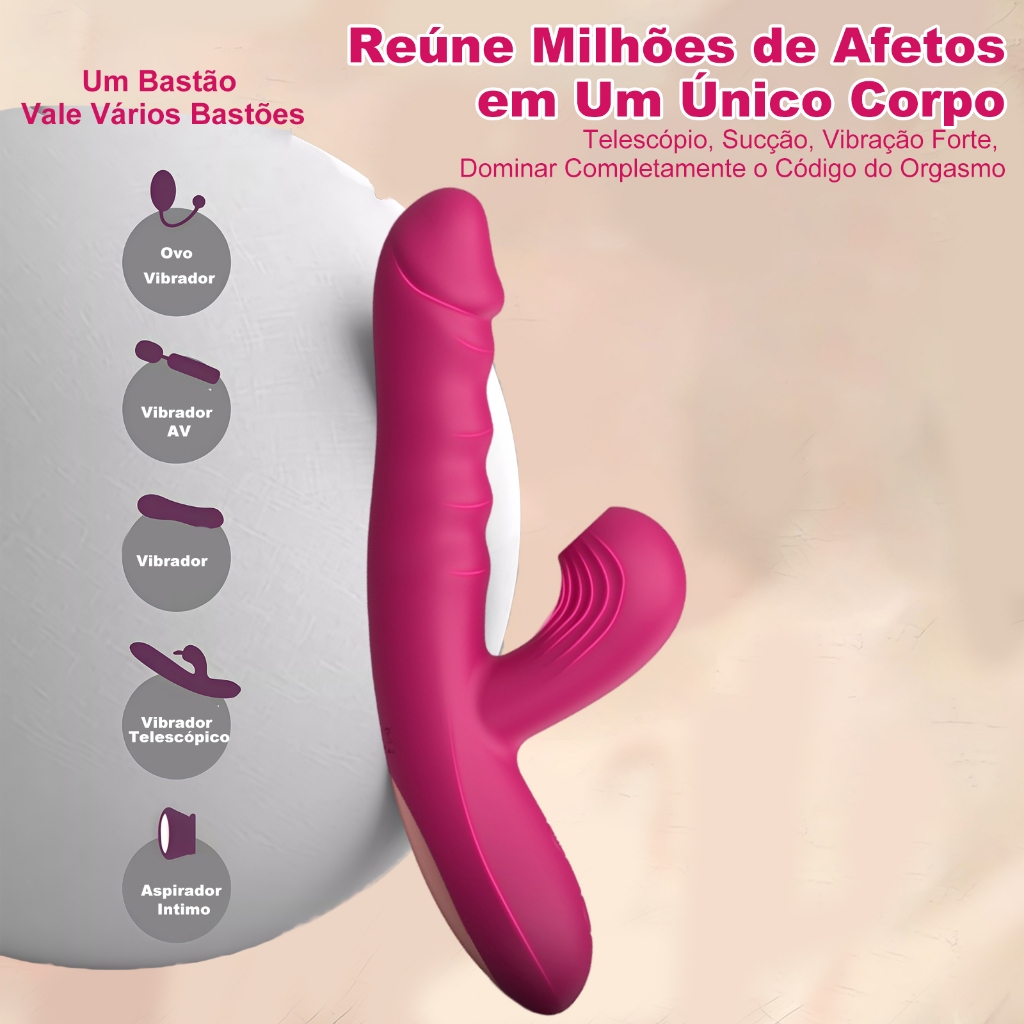 Vibrador com Sucção e Vibração 10 Modos Telescópico Recarregável Silicone Macio Impermeável Estimulador Feminino