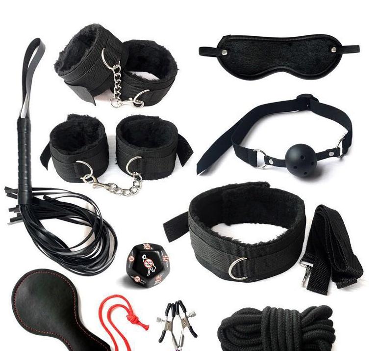 Kit BDSM 12 em 1 – Algemas, Venda, Mordaça, Chicote, Prendedor e Mais