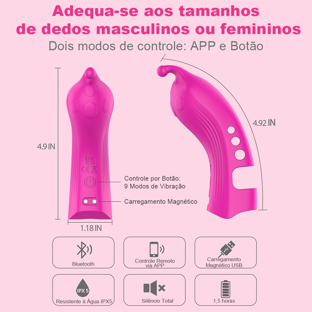 Estimulador de Dedo Silicone Premium | 9 Modos de Vibração | Controle APP Bluetooth | Carregamento USB Magnético