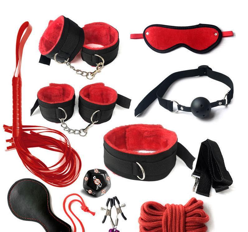 Kit BDSM 12 em 1 – Algemas, Venda, Mordaça, Chicote, Prendedor e Mais