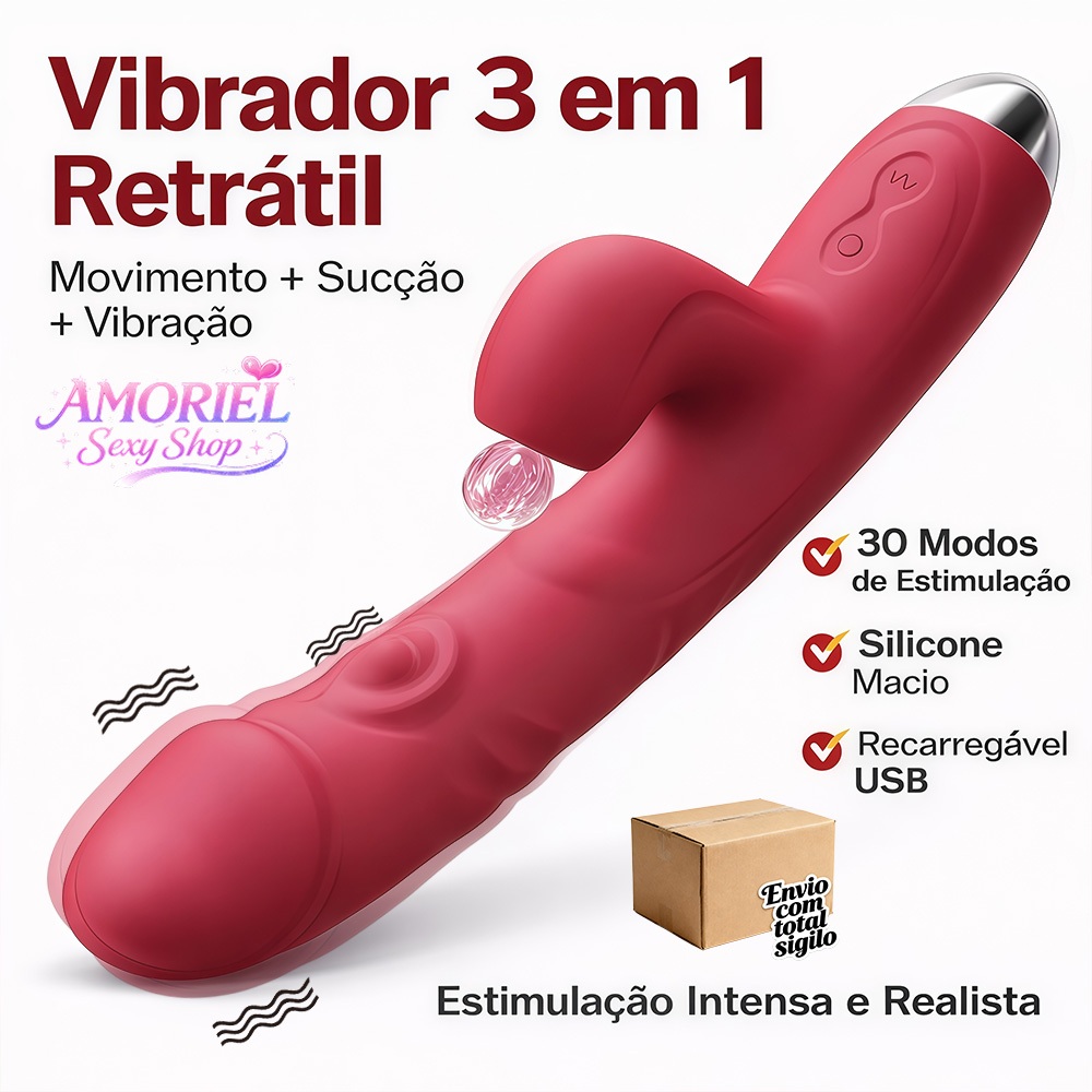 Vibrador Retrátil 3 em 1 Recarregável Sucção + Vibração Multimodo Silicone Macio