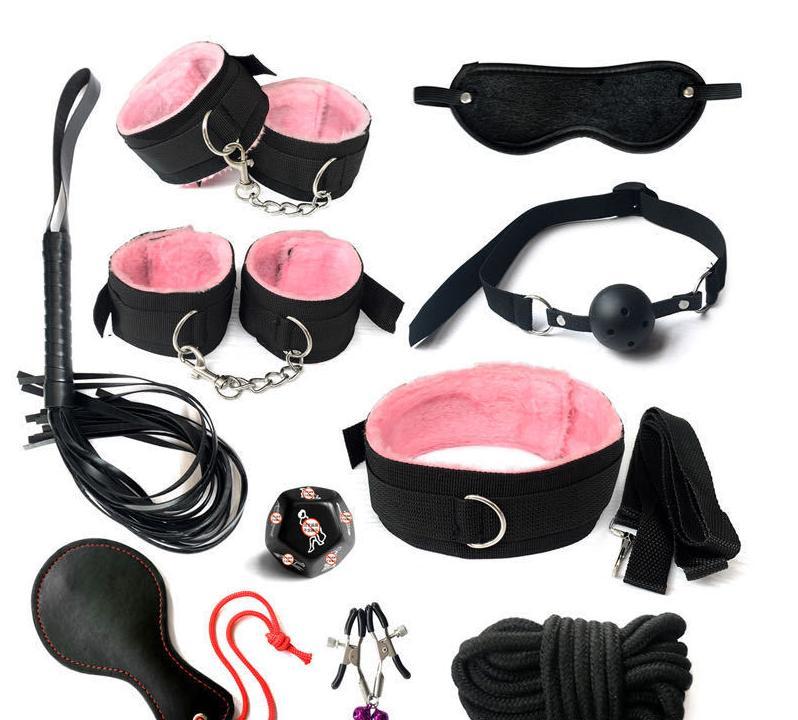 Kit BDSM 12 em 1 – Algemas, Venda, Mordaça, Chicote, Prendedor e Mais