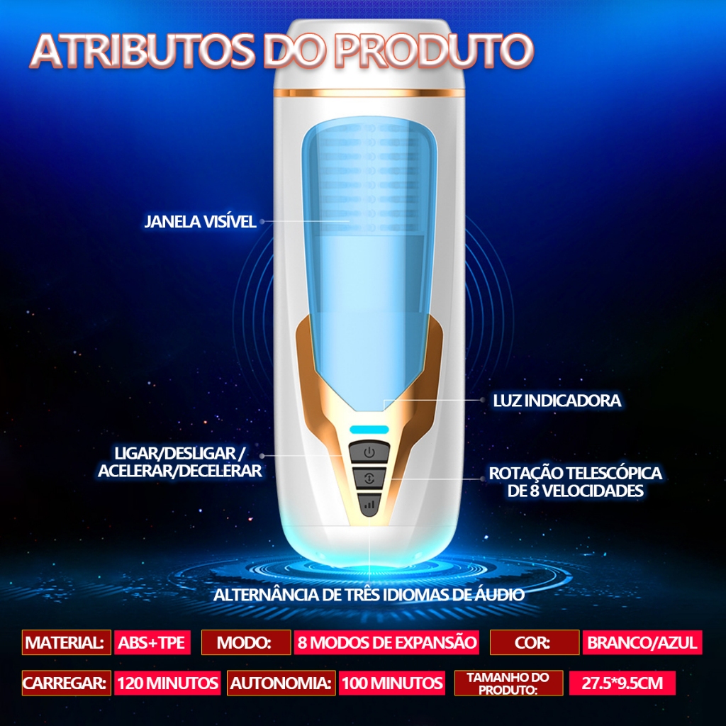 Masturbador Masculino com Rotação e Telescópico – Recarregável USB, Tipo Lanterna | Envio Discreto