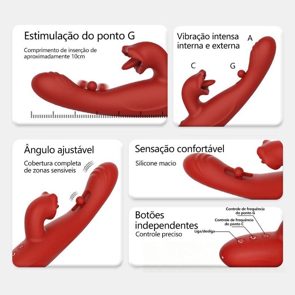 Vibrador Feminino 3 em 1 Ponto G Clitóris Língua Vibratória 10 Modos Recarregável