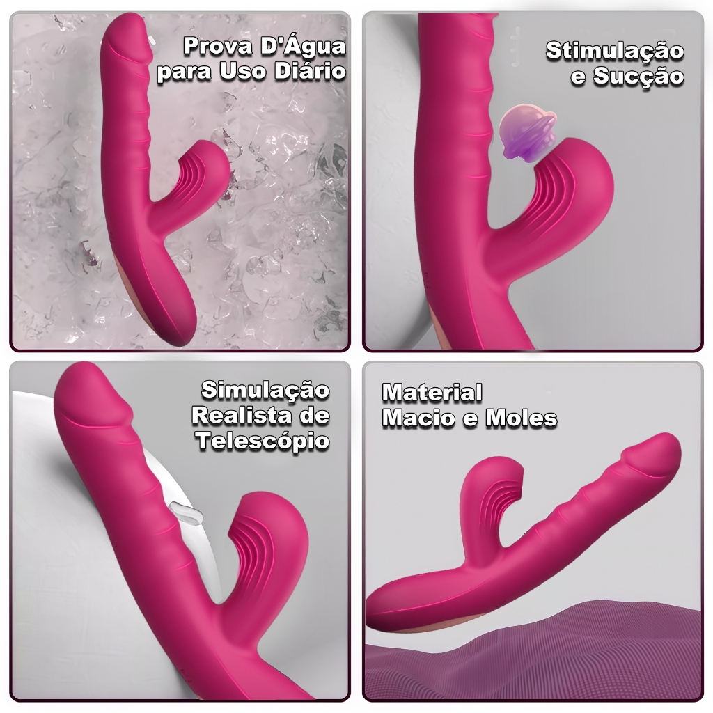 Vibrador com Sucção e Vibração 10 Modos Telescópico Recarregável Silicone Macio Impermeável Estimulador Feminino