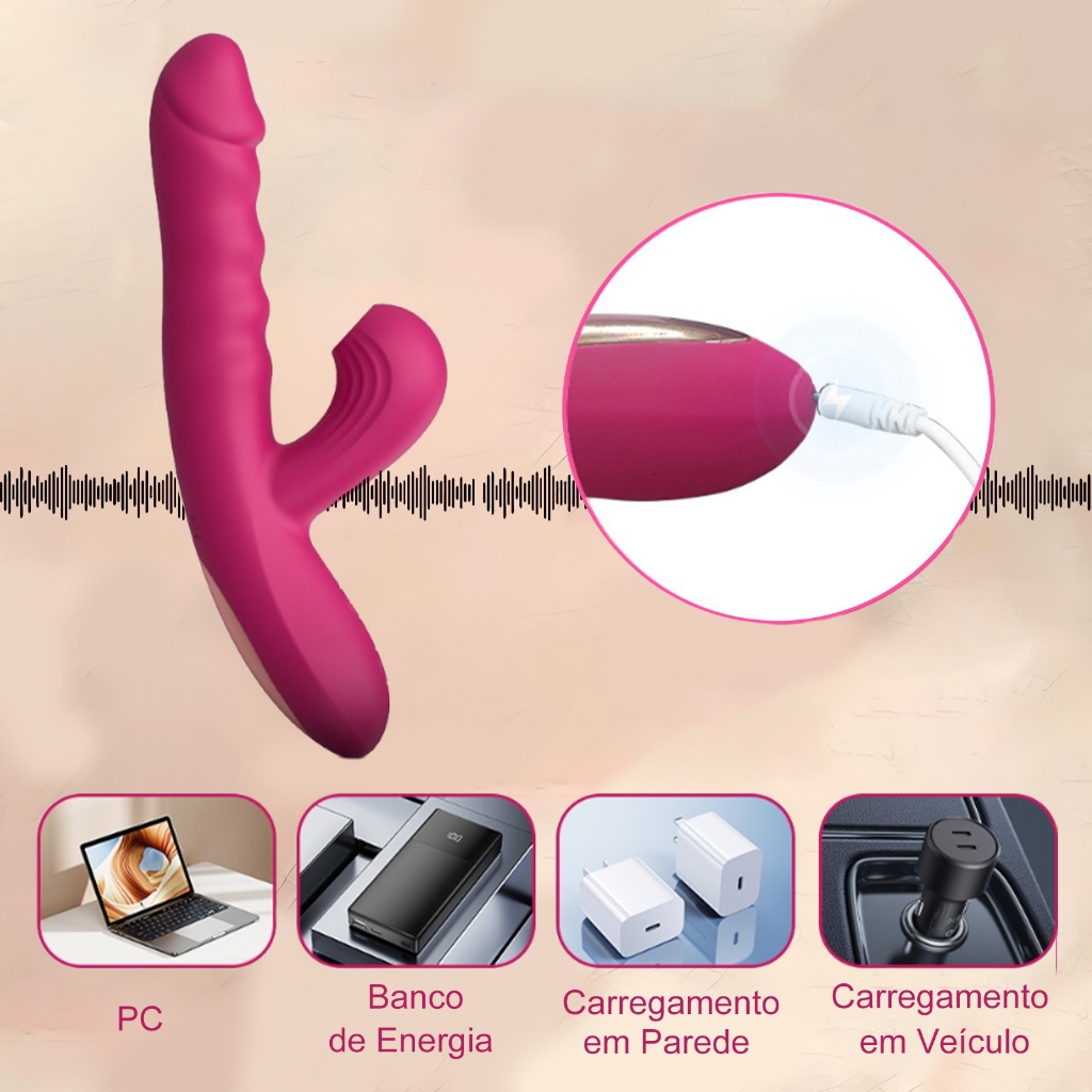Vibrador com Sucção e Vibração 10 Modos Telescópico Recarregável Silicone Macio Impermeável Estimulador Feminino