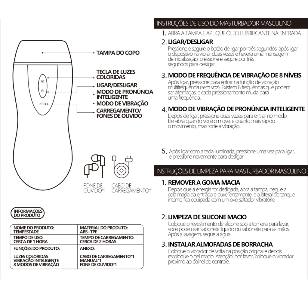 Masturbador Masculino Interativo · 8 Modos de Vibração ·Canal Textura Realista · Recarregável USB