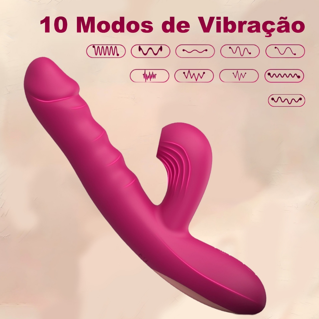 Vibrador com Sucção e Vibração 10 Modos Telescópico Recarregável Silicone Macio Impermeável Estimulador Feminino