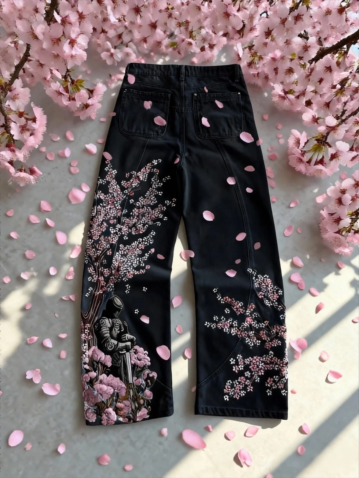 Plum Blossom Embroidery Black New Denim Style Street Trendy Embroidered Straight Pants Mid-Waist Jeans