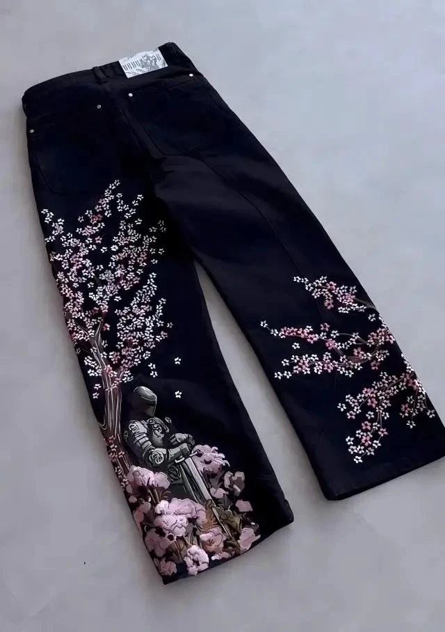 Plum Blossom Embroidery Black New Denim Style Street Trendy Embroidered Straight Pants Mid-Waist Jeans