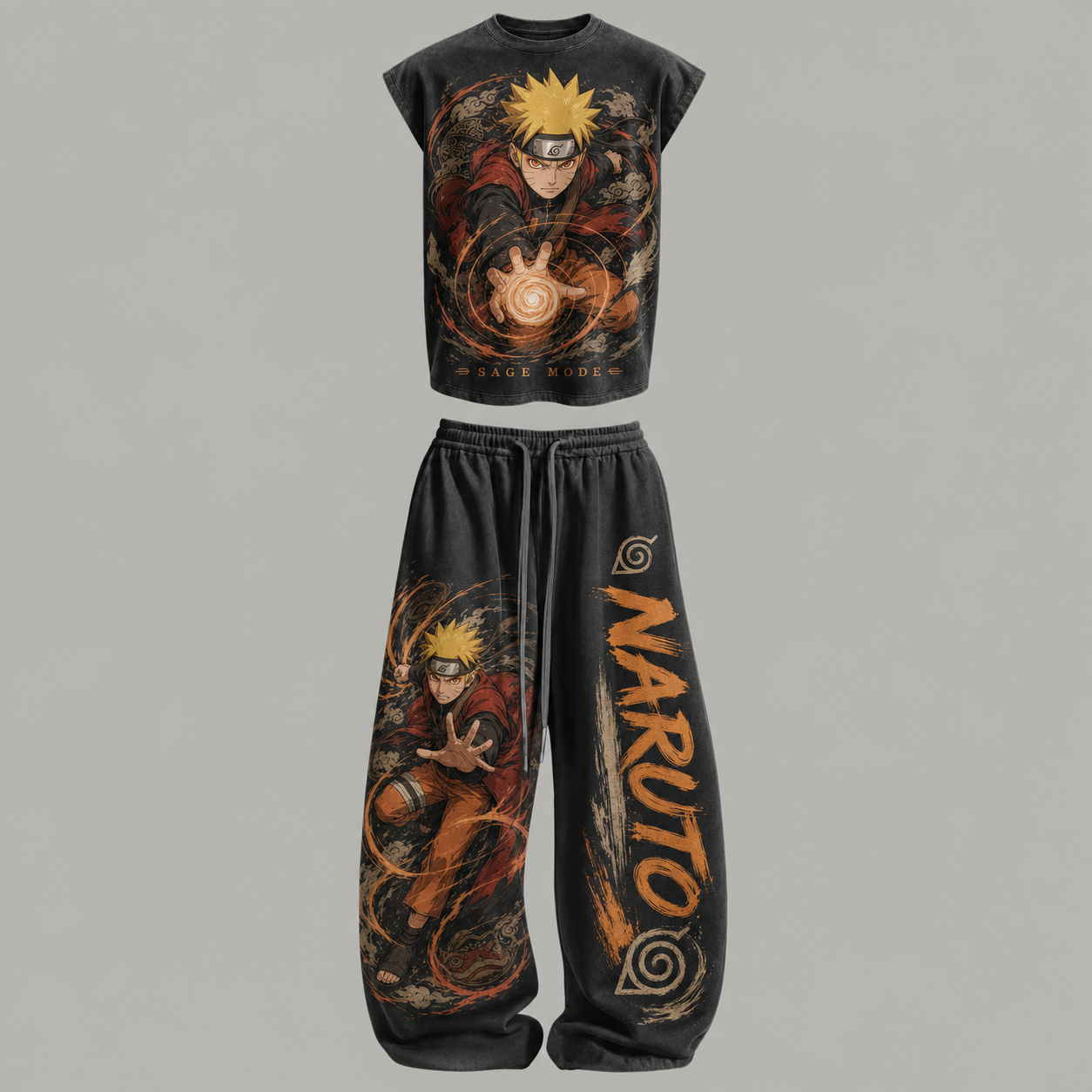Naruto Sleeveless Tank Top & Wide Leg Pants Two-Piece Streetwear Set