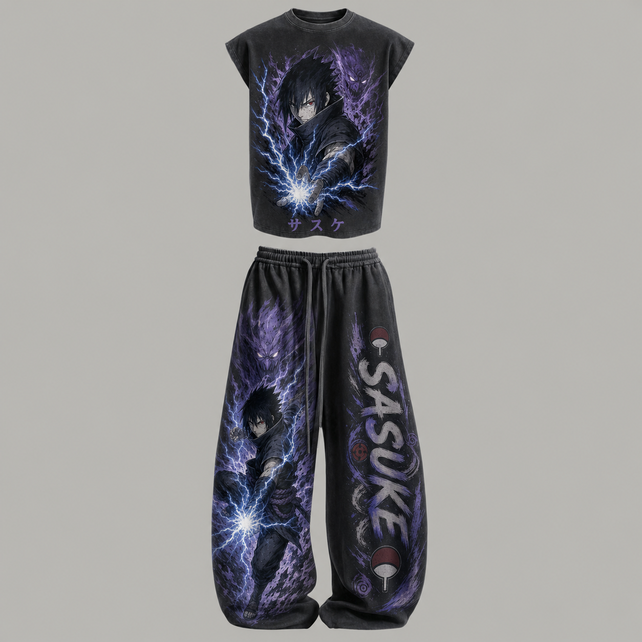 Naruto Sasuke Uchiha Sleeveless Tank Top & Wide Leg Pants Two-Piece Streetwear Set