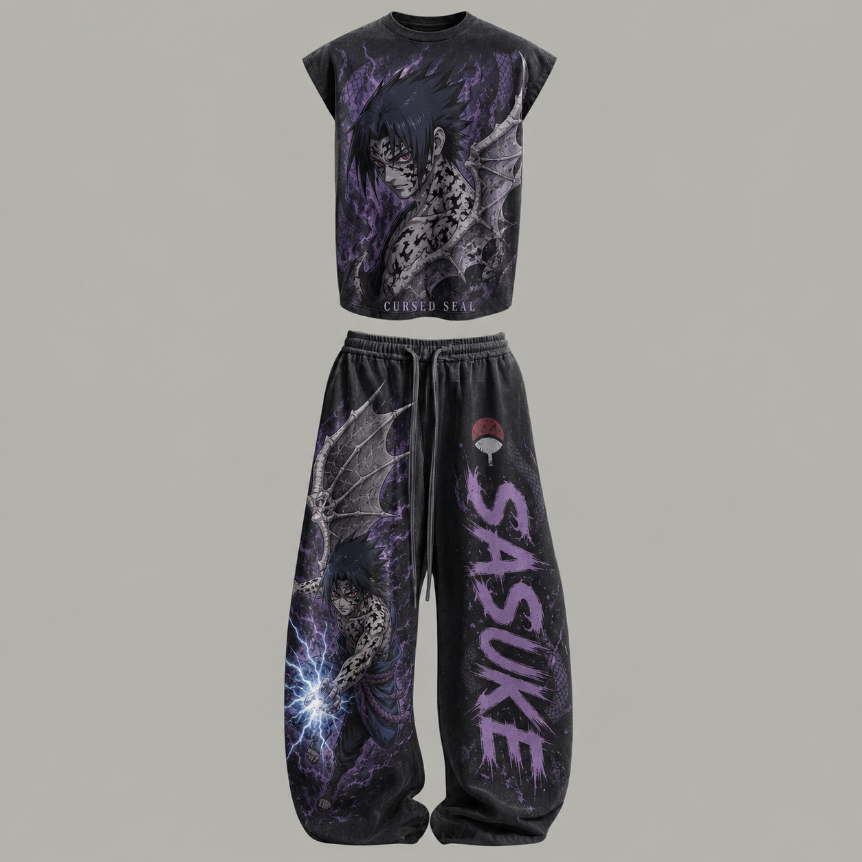 Naruto Sasuke Curse Seal State Sleeveless Tank Top & Wide Leg Pants Two-Piece Streetwear Set