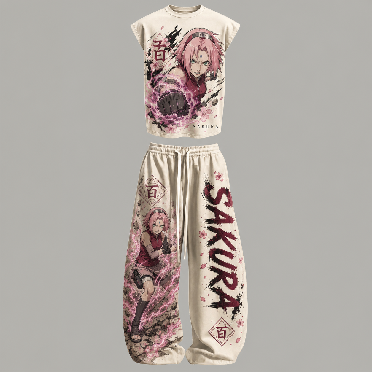 Naruto Sasuke Uchiha Curse Seal State Sleeveless Tank Top & Wide Leg Pants Two-Piece Streetwear Set