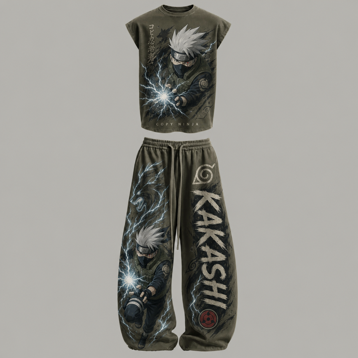Naruto Kakashi Sleeveless Tank Top & Wide Leg Pants Two-Piece Streetwear Set