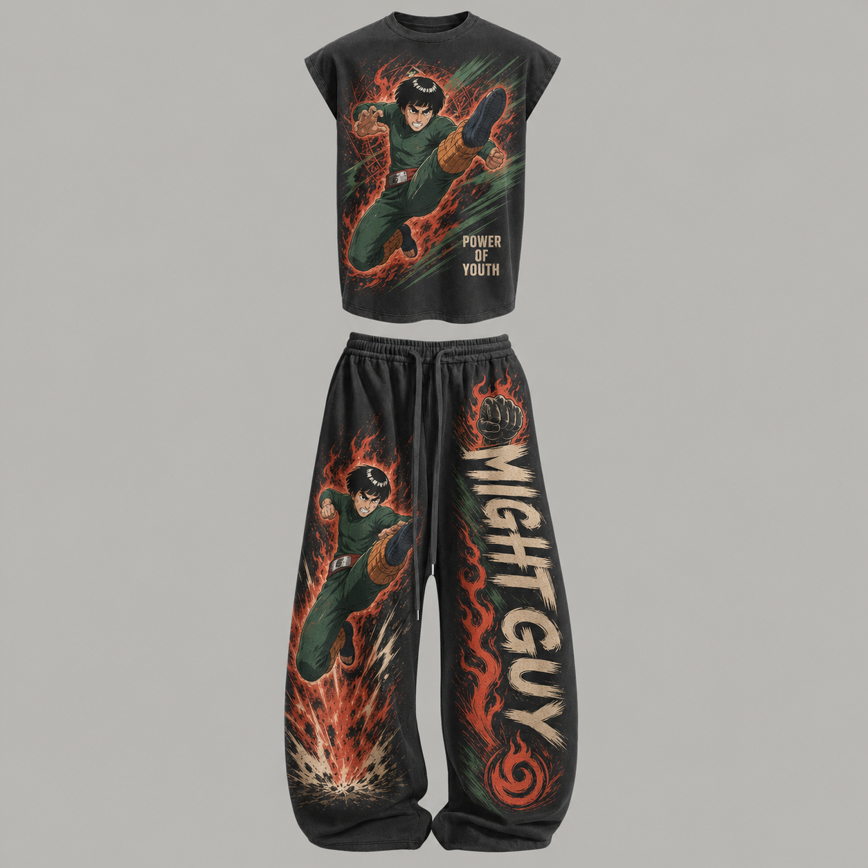 Naruto Might Guy Sleeveless Tank Top & Wide Leg Pants Two-Piece Streetwear Set