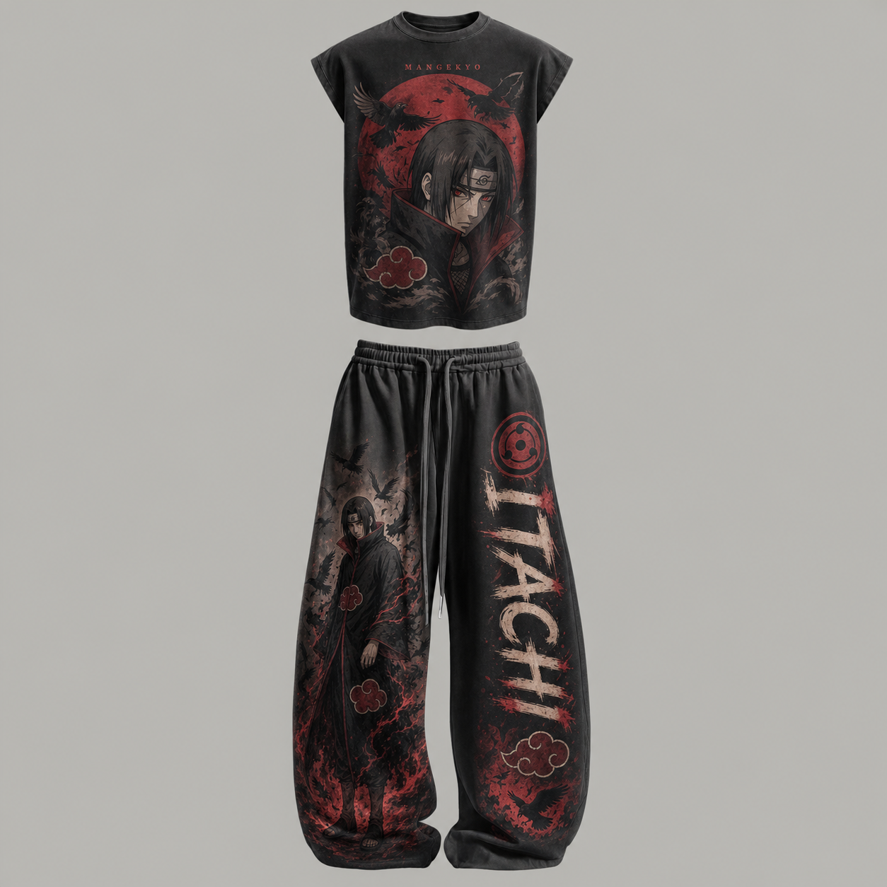 Naruto Uchiha Itachi Sleeveless Tank Top & Wide Leg Pants Two-Piece Streetwear Set