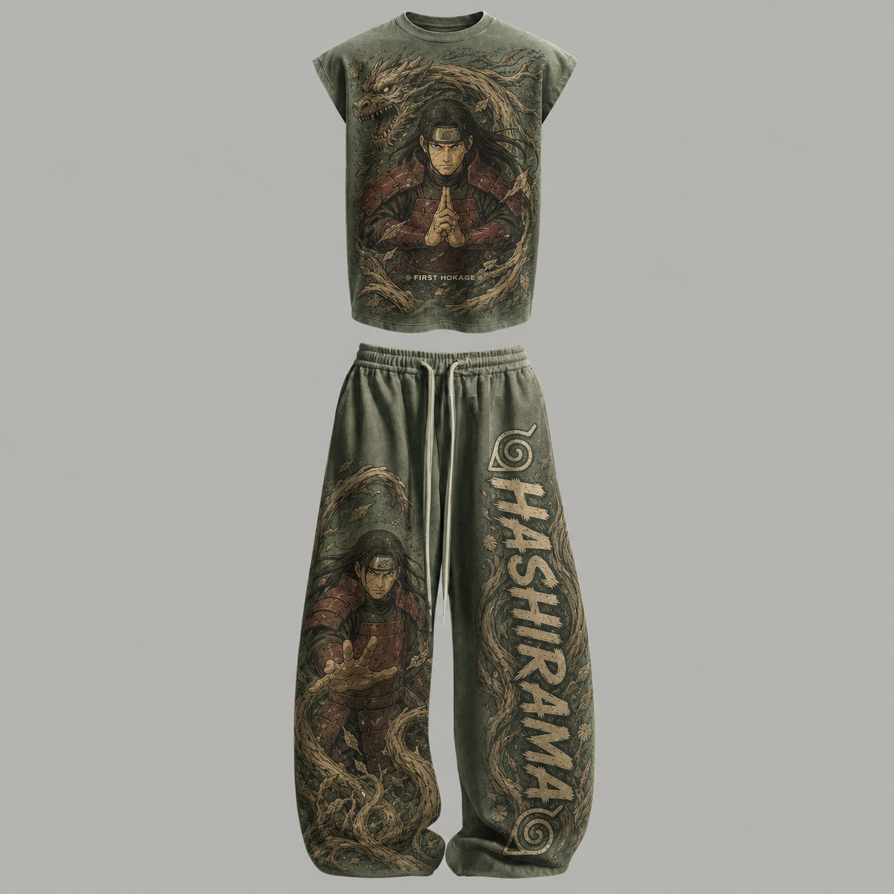 Naruto Hashirama Senju Sleeveless Tank Top & Wide Leg Pants Two-Piece Streetwear Set